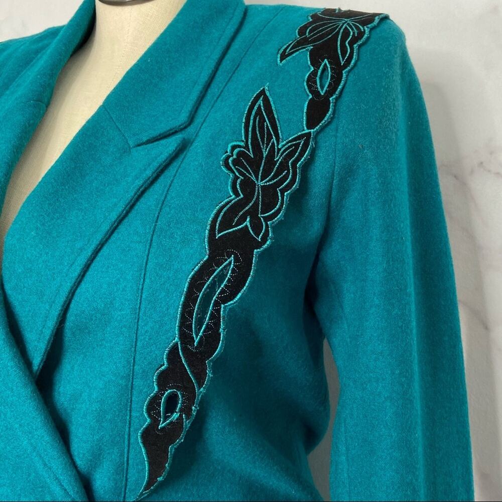 Vintage Double Breasted Blazer Teal Floral Appliqué 90s Prairie Western Size L - Picture 4 of 13